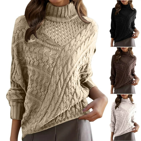 HVOBTTY Women's Long Sleeved Turtleneck Sweaters, Sweaters for Women, Women's Casual Solid ColorLong Sleeve Round Neck Pullover Knitted Sweater Beige, M