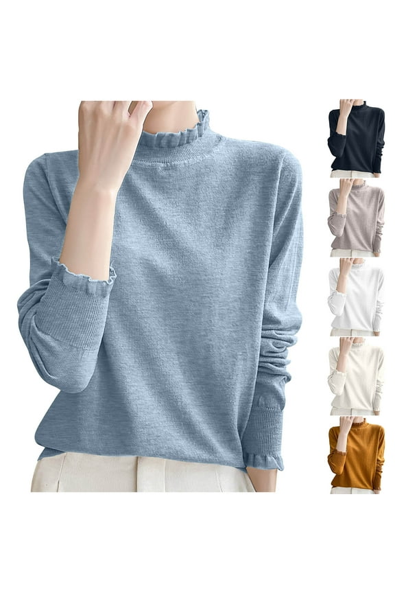 Women's Long Sleeved Turtleneck Sweaters, Sweaters for Women, Women's Fashion Casual Solid Color Mock Turtleneck Ruffled Edge Loose Base Knitted Sweater Khaki, M