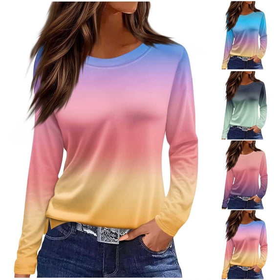 HVOBTTY Women's Loose Print Long Sleeve Crew Neck T Shirt Casual Fashion Lightweight Soft Tops Yellow, M