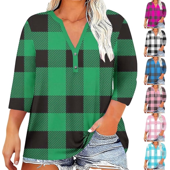 HVOBTTY Women's Plus Size Plaid Plus Size Button V Neck 3/4 Sleeve T Shirt Casual Fashion Lightweight Soft Tops White, XXXXL
