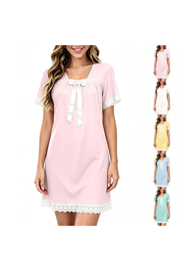 Women's Plus Size Short Sleeve Knee-Length Nightgowns Comfy Sleepwear Round Neck Satin Blue Bow Detail Solid Soft Homewear Gown