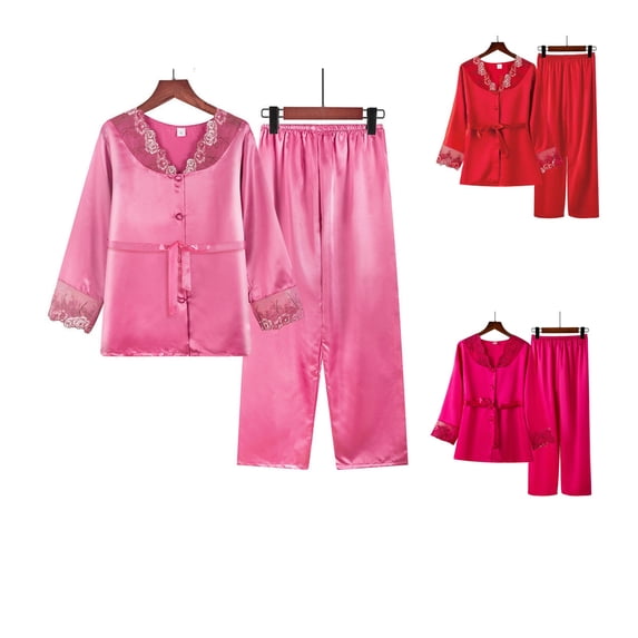 HVOBTTY Women's Satin Silk Sleepwear Long Sleeve V Neck Shirts and Drawstring Pants 2 Piece Pajamas Set Red, L