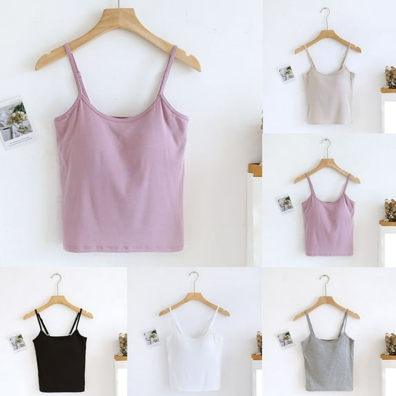 HVOBTTY Women's Short Sleeve Camisole Built In Bra Solid Color Wireless Slim Comfortable Sleep Top Gray, S