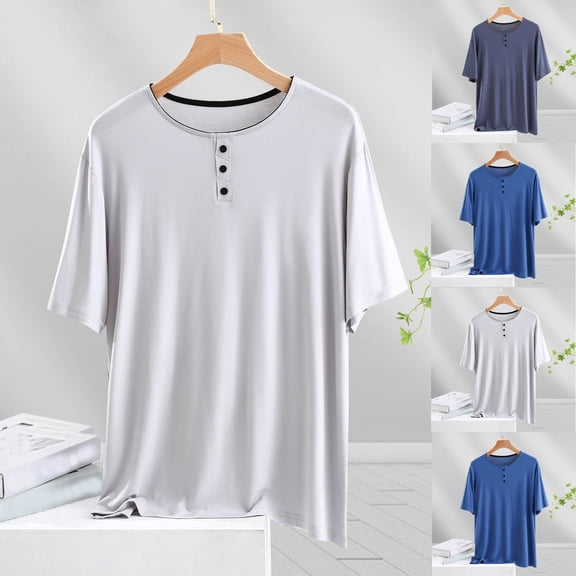 HVOBTTY Women's Short Sleeve Pajama Top, Pajama Top for Women, Women's Soft Casual Solid Color Short Sleeve Loose Round Neck Pajama Tops with Buttons Blue, XL