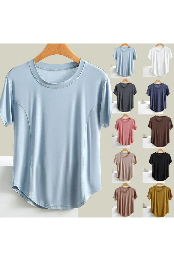 Women's Short Sleeve Pajama Top, Pajama Top for Women, Women's Soft Casual Solid Color Short Sleeve Round Neck Short Length Homewear Pajama Tops Light Blue, XL