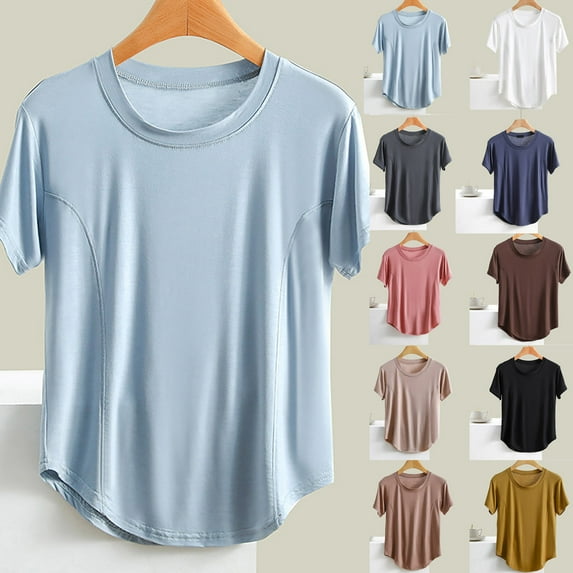 HVOBTTY Women's Short Sleeve Pajama Top, Pajama Top for Women, Women's Soft Casual Solid Color Short Sleeve Round Neck Short Length Homewear Pajama Tops Light Blue, XL