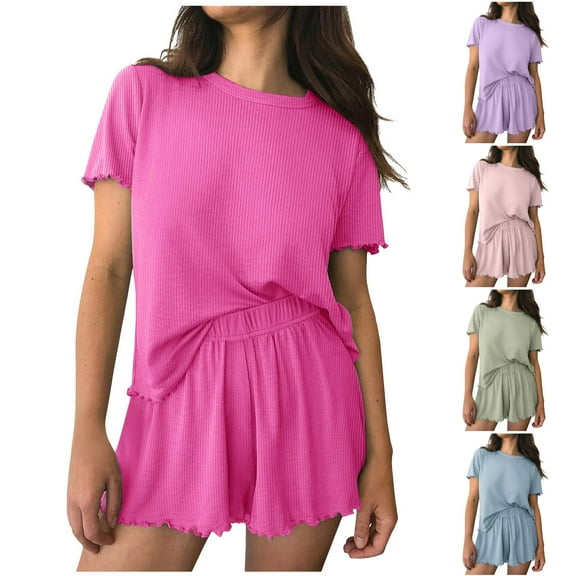 HVOBTTY Women's Short Sleeve and Short Pants Pajama Sets, Pajama Sets for Women, Women's Casual Solid Color Short Sleeve Shorts Comfortable Soft Homewear Two Piece Pajama Sets Pink, L