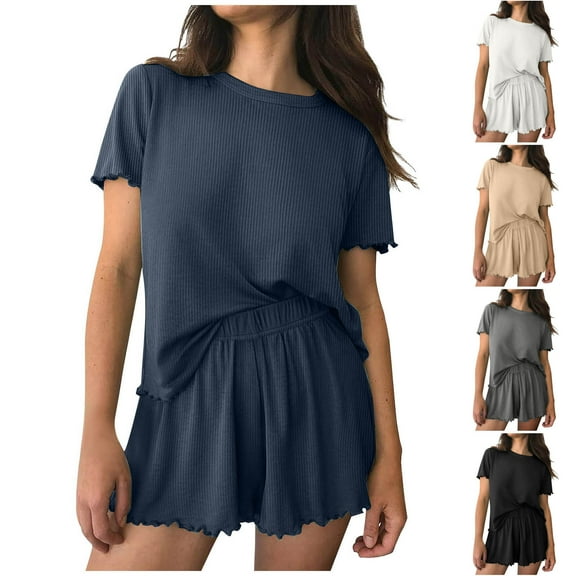 HVOBTTY Women's Short Sleeve and Short Pants Pajama Sets, Pajama Sets for Women, Women's Casual Solid Color Short Sleeve Shorts Comfortable Soft Homewear Two Piece Pajama Sets White, M