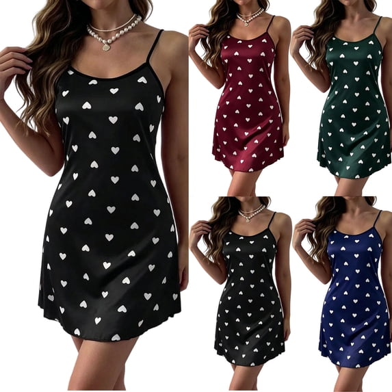 HVOBTTY Women's Sleeveless Camisole Nightgowns Love Print Satin Silk Short Sleepshirts Dress, XXL