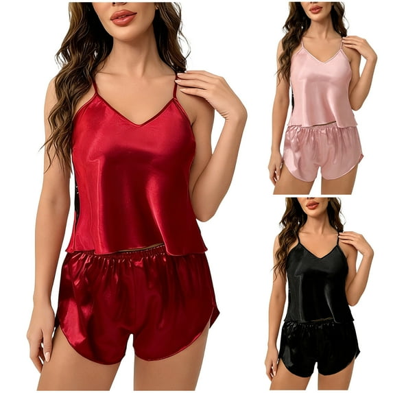 HVOBTTY Women's Sleeveless Tank Top and Shorts 2 Piece Pajamas Set V Neck Solid Color Lightweight Sleepwear Pink, L