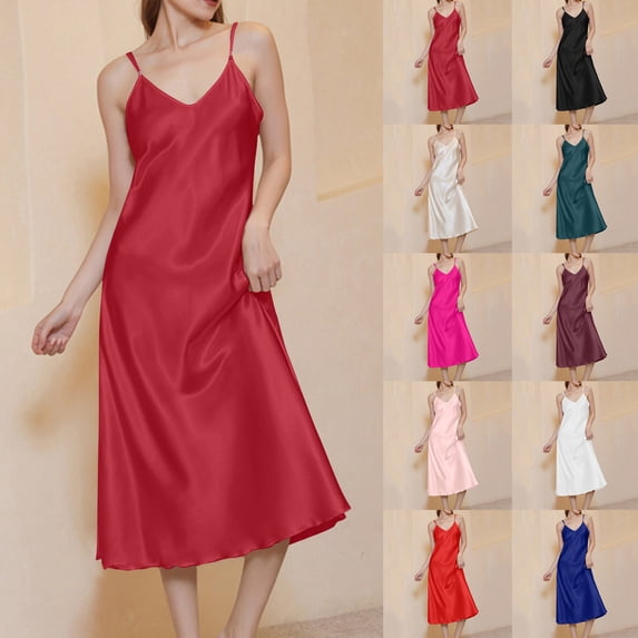 HVOBTTY Women's Nightgown Solid Color Deep V Neck Spaghetti Strap Satin Silk Soft Lightweight Midi Length Sleep Dress