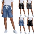 thumbnail image 1 of HVOBTTY Women's Straight Leg Demin Shorts Drawstring Elastic Waist 4 Length Casual Bottoms with Practical Side Pockets, 1 of 4