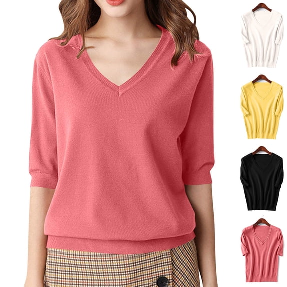 HVOBTTY Women's Summer Casual Soft Solid Color Short Sleeve V Neck Knitted Loose Breathable Versatile Sweater Comfy Sport Tee Shirt Pink, M