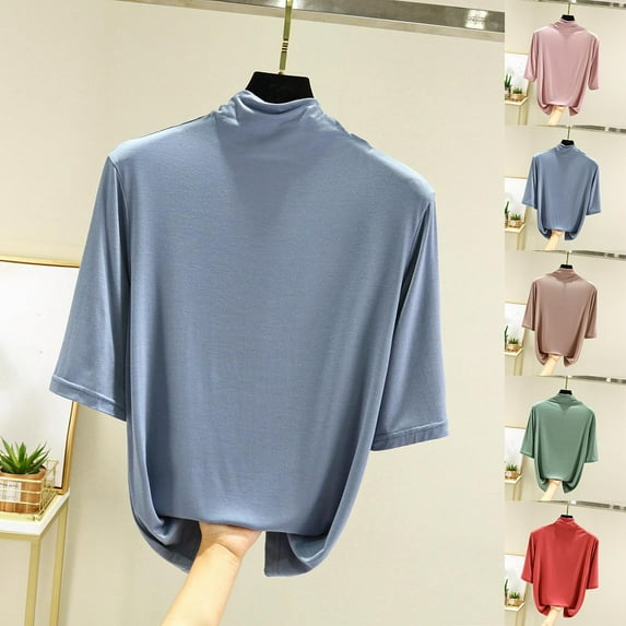 HVOBTTY Women's Summer Casual Solid Color 3/4 Sleeve Mock Neck Slim Soft Breathable Versatile Layering Comfy Beach Tee Shirt Green, L