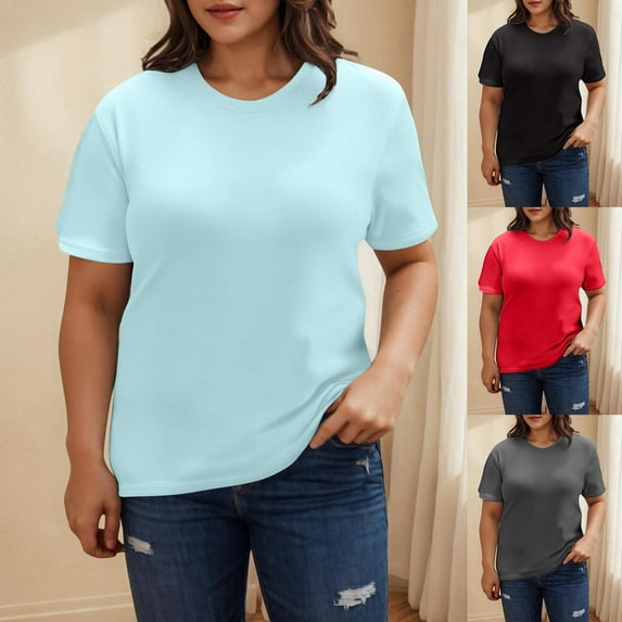 HVOBTTY Women's Summer Casual Solid Color Short Sleeve Round Neck Pullover Slim Soft Breathable Versatile Daily Basic Comfy Beach Tee Shirt Black, XL