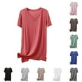 thumbnail image 1 of HVOBTTY Women's Summer Casual Solid Color Short Sleeve V Neck Slim Soft Breathable Versatile Layering Long Comfy Sport Tee Shirt Coffee, XL, 1 of 4
