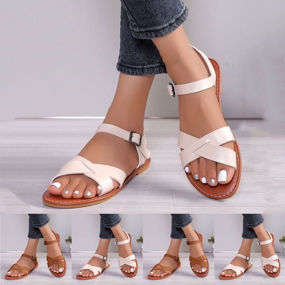 HVOBTTY Women's Summer Fashion Casual Beach Open Toe Buckle Closure Flat Heel Sandals Comfortable Lightweight Shoes Beige, 38