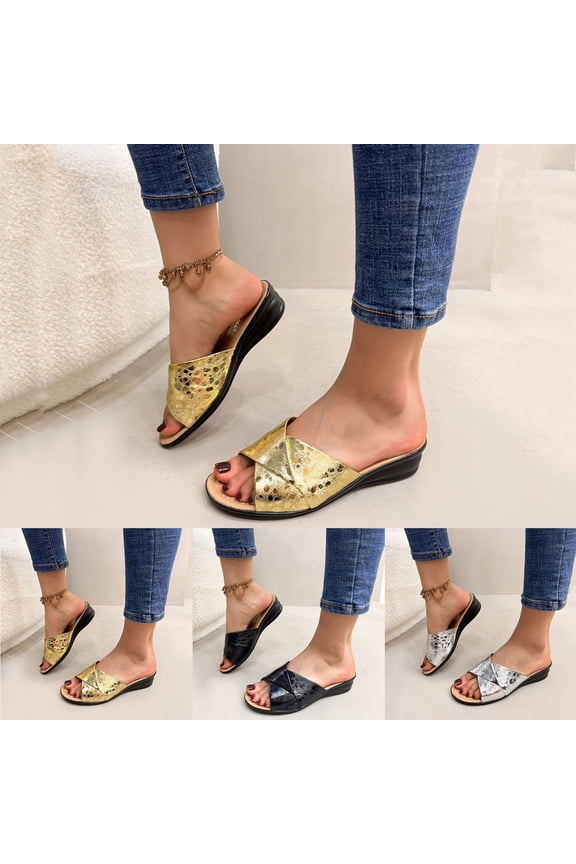 Women's Summer Fashion Casual Beach Peep Toe Thick Sole Wedge Heel Slide Sandals Lightweight Shoes Silver, 38