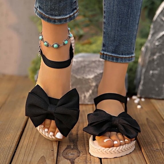 HVOBTTY Women's Summer Fashion Casual Beach Rhinestone Decor Flat Heel Sandals Comfortable Lightweight Shoes Black, 43