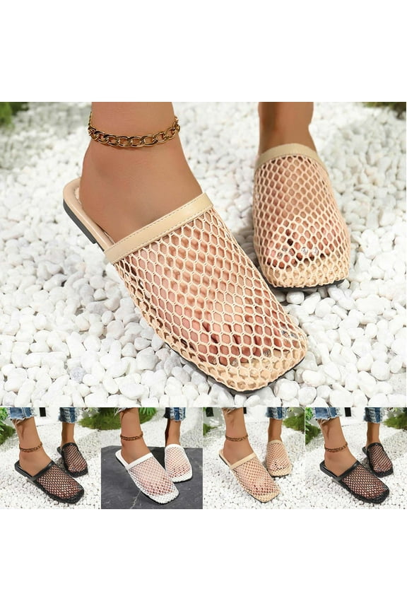 Women's Summer Fashion Casual Fishnet Woven Hollow Out Flat Heel Roman Sandals Lightweight Outdoor Shoes Black, 36