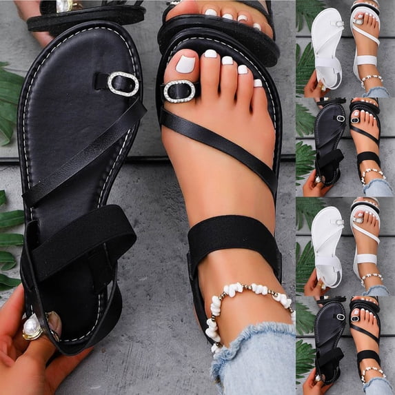 HVOBTTY Women's Summer Fashion Casual Open Toe Cool Toe Loop Sweet Flat Heel Slide Sandals Comfortable Outdoor Shoes White, 43