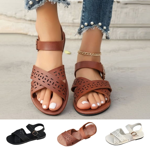 HVOBTTY Women's Summer Fashion Casual Outdoor Hollow Out Flat Heel Criss Strap Sandals Comfortable Shoes Black, 40