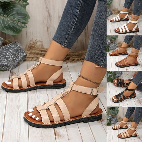 HVOBTTY Women's Summer Fashion Casual Outdoor Toe Loop Solid Color Flat Heel Soft Sole Beach Sandals Comfortable Shoes Beige, 36
