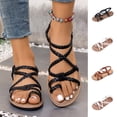 thumbnail image 1 of HVOBTTY Women's Summer Fashion Casual Outdoor Versatile Plus Size Round Toe Open Toe Toe Post Back Elastic Strap Flat Heel Woven Shoes White, 39, 1 of 5