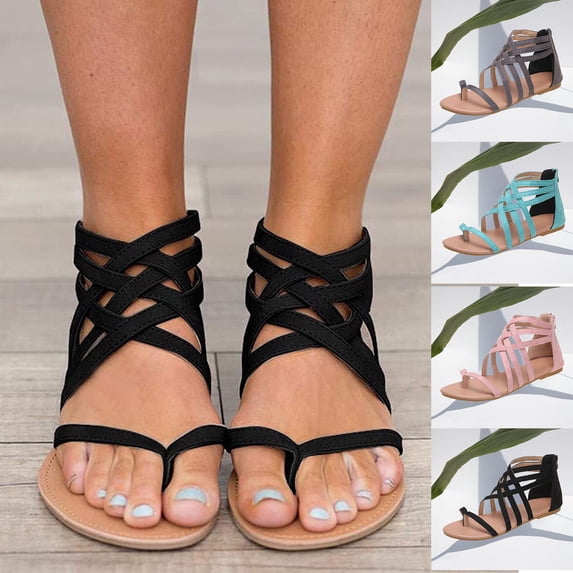 HVOBTTY Women's Summer Fashion Casual Versatile Breathable Solid Color Round Toe Open Toe Soft Sole Flat Heel Sandals Sky Blue, 43