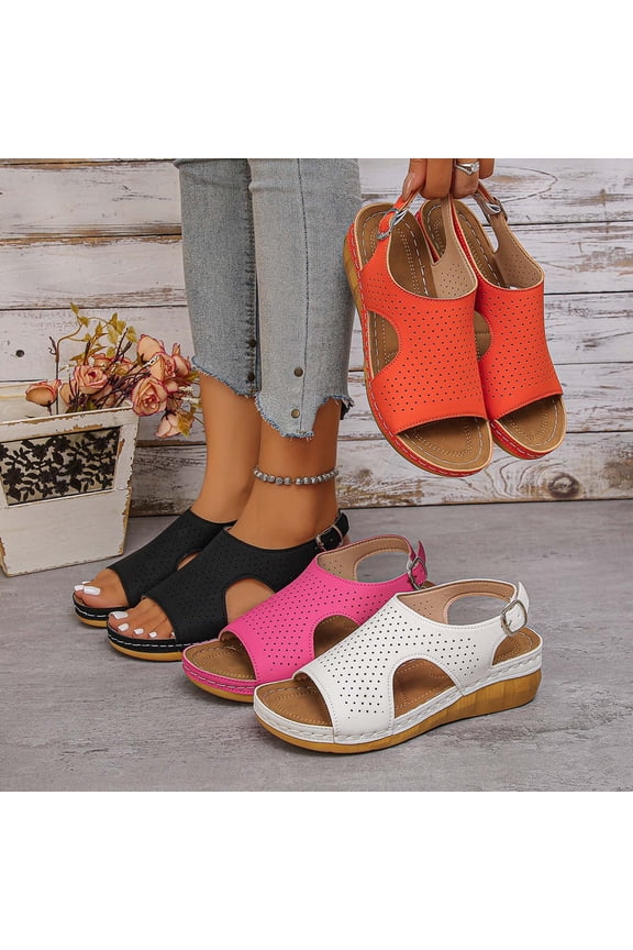 Women's Summer Fashion Casual Versatile Plus Size Solid Color Peep Toe Open Toe Thick Sole Sandals Comfortable Beach Wedge Shoes Orange, 41