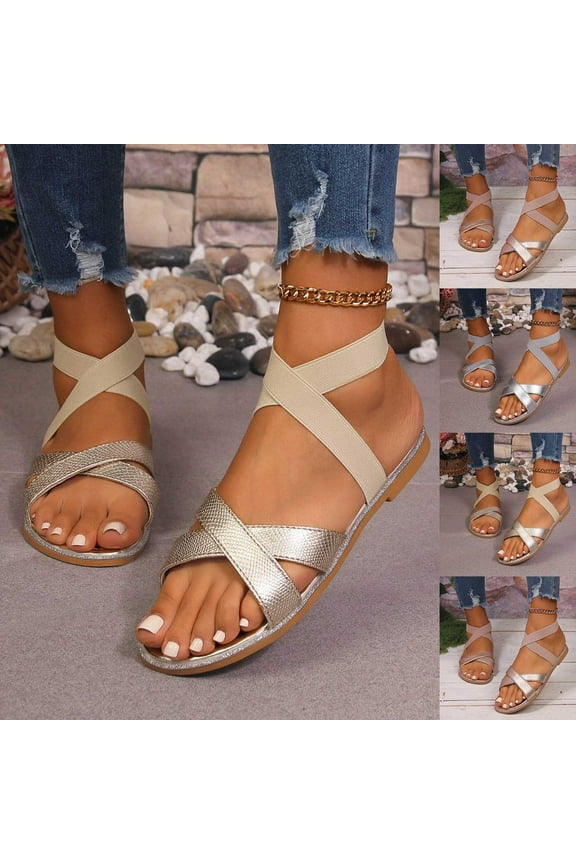 Women's Summer Fashion Casual Wrap Elastic Outdoor Breathable Flat Heel Sandals Comfortable Shoes Silver, 38