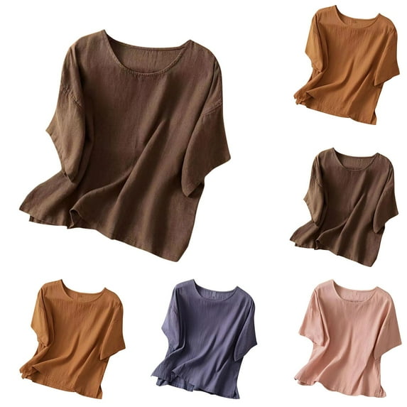 HVOBTTY Women's Summer Fashion Linen Solid Color Short Sleeve Round Neck Loose Breathable Versatile Daily Basic TeeSoft Beach Tee Shirt Blue, XXXL