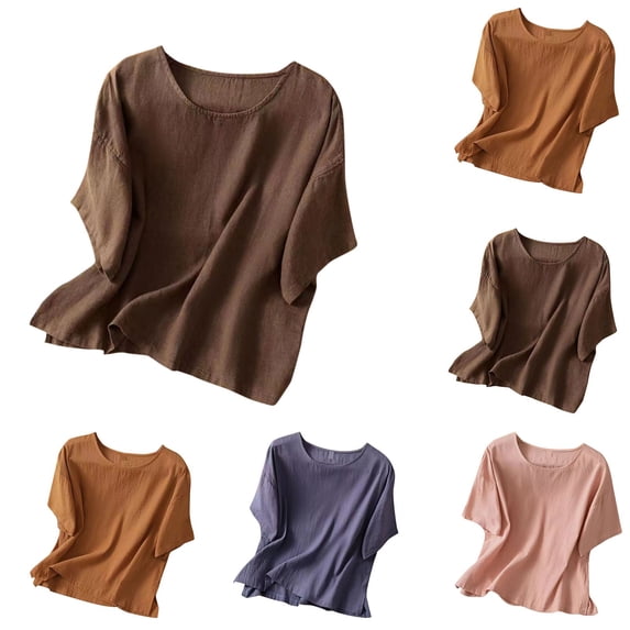 HVOBTTY Women's Summer Fashion Linen Solid Color Short Sleeve Round Neck Loose Breathable Versatile Daily Basic TeeSoft Beach Tee Shirt Brown, XXL