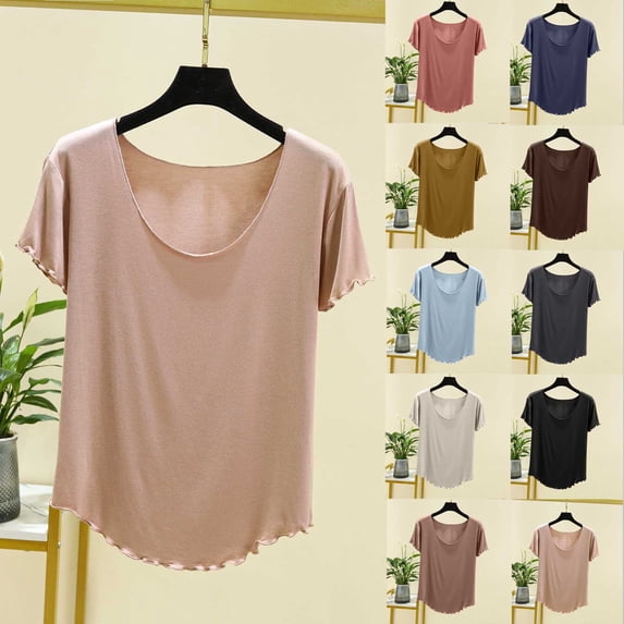 HVOBTTY Women's Summer Fashion Solid Color Round Neck Ruffled Sleeve Short Sleeve Loose Versatile Daily Soft Sport Tee Shirt Khaki, XXL