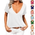 thumbnail image 1 of HVOBTTY Women's Summer Fashion Solid Color Short Sleeve V Neck Pullover Slim Soft Breathable Daily Basic Comfy Beach Tee Shirt Blue, S, 1 of 5
