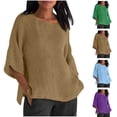 thumbnail image 1 of HVOBTTY Women's Summer Plus Size Fashion Linen Solid Color Short Sleeve Round Neck Loose Lightweight Versatile Daily Basic Soft Beach Tee Shirt Brown, S, 1 of 5