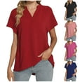 thumbnail image 1 of HVOBTTY Women's Summer Plus Size Fashion Solid Color Short Sleeve V Neck Linen Loose Breathable Versatile Daily Basic Soft Beach Tee Shirt Blue, XXL, 1 of 4