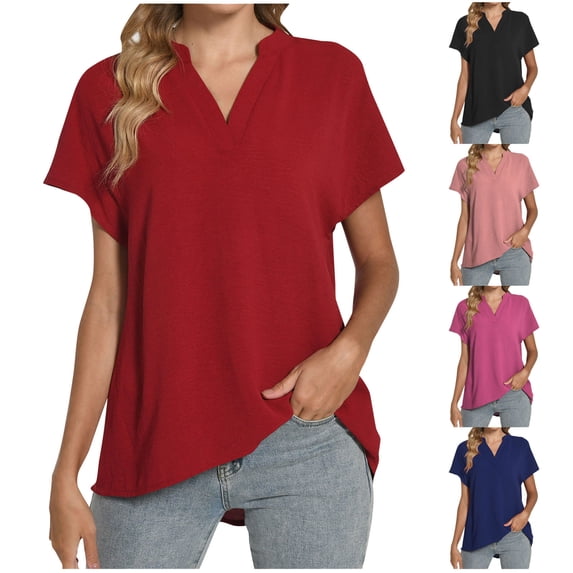HVOBTTY Women's Summer Plus Size Fashion Solid Color Short Sleeve V Neck Linen Loose Breathable Versatile Daily Basic Soft Beach Tee Shirt Pink, S