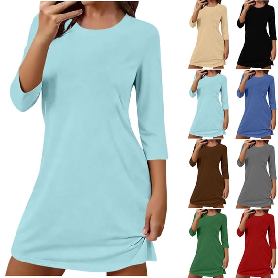HVOBTTY Women's Summer Raglan Sleeve Smocked Neck Solid Color 3/4 Sleeve Loose Calf Length Sleepwear Gown Khaki, XL