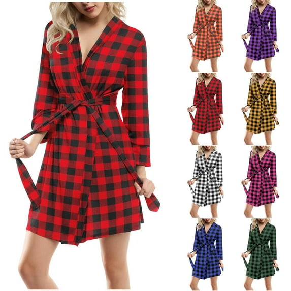 HVOBTTY Women's Summer Soft Knit Sleepwear Robe Plaid Long Sleeves with Belt Comfortable Housecoat for Daily Wear Blue, S