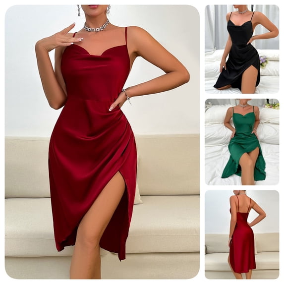 HVOBTTY Women's Nightgown Solid Color Satin Silk Spaghetti Strap High Slit Slim Soft Home Wear Sleep Dress