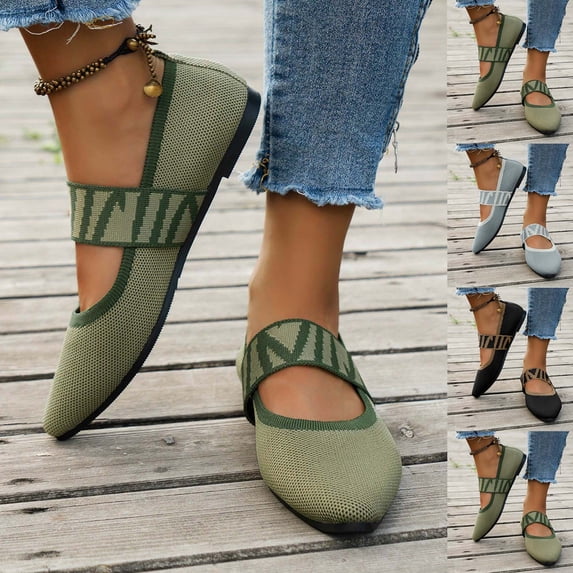 HVOBTTY Women's Summer and Spring Fashion Casual Knit Pointed Toe Color Stripe Comfortable On Breathable Loafer Shoes Army Green, 42