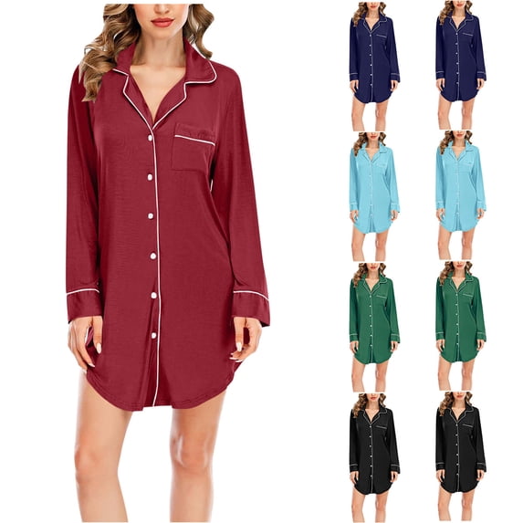 HVOBTTY Womens Causal Soft Nightdress, Nightgowns for Women, Women's Button Pocket Lapel Loose Shirt Home Wear Nightgown Wine, L