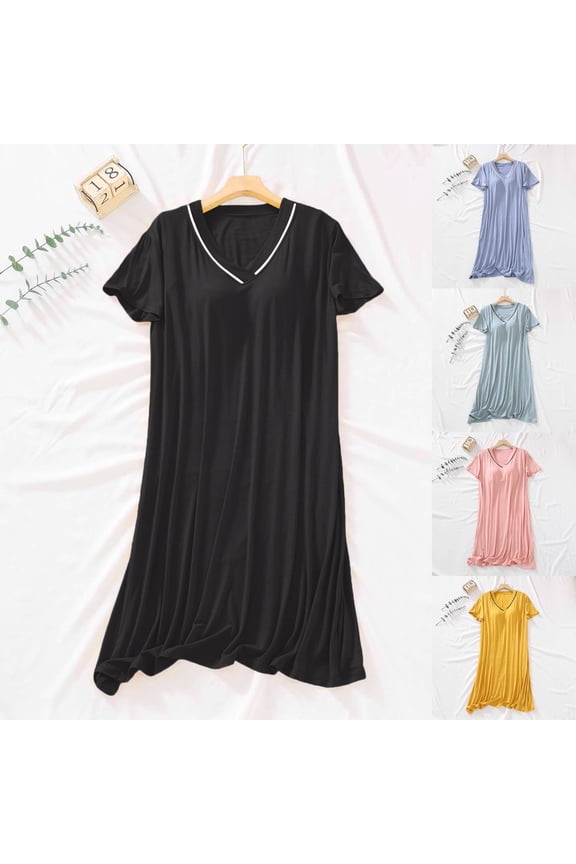Womens Causal Soft Nightdress, Nightgowns for Women, Women's Soft Solid Color Short Sleeve V Neck Nightdress Sleep Pajama Dress Yellow, M