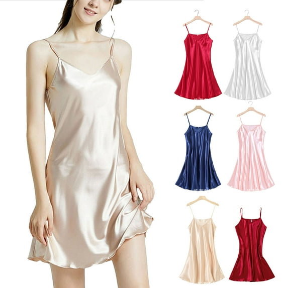 HVOBTTY Womens Causal Soft Nightdress, Nightgowns for Women, Women's Soft Solid Color Sleeveless Imitation Silk Nightgown Sleep Dress Red, M