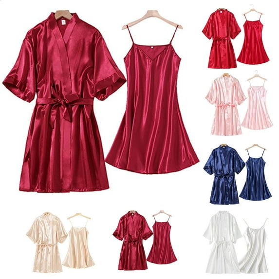 HVOBTTY Womens Causal Soft Nightdress, Pajama Sets for Women, Women's Soft Solid Color Sleeveless Imitation Silk Nightgown and Short Sleeve Robe Sleepdress Sets Pink, L