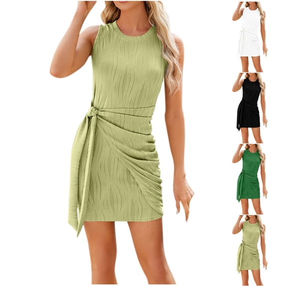 HVOBTTY Womens Comfy Daily Bodycon Dresses, Summer Dresses for Women, Womens Casual Sleeveless Solid Color Crew Neck Tank Knee Length Midi Dresses Green, XL