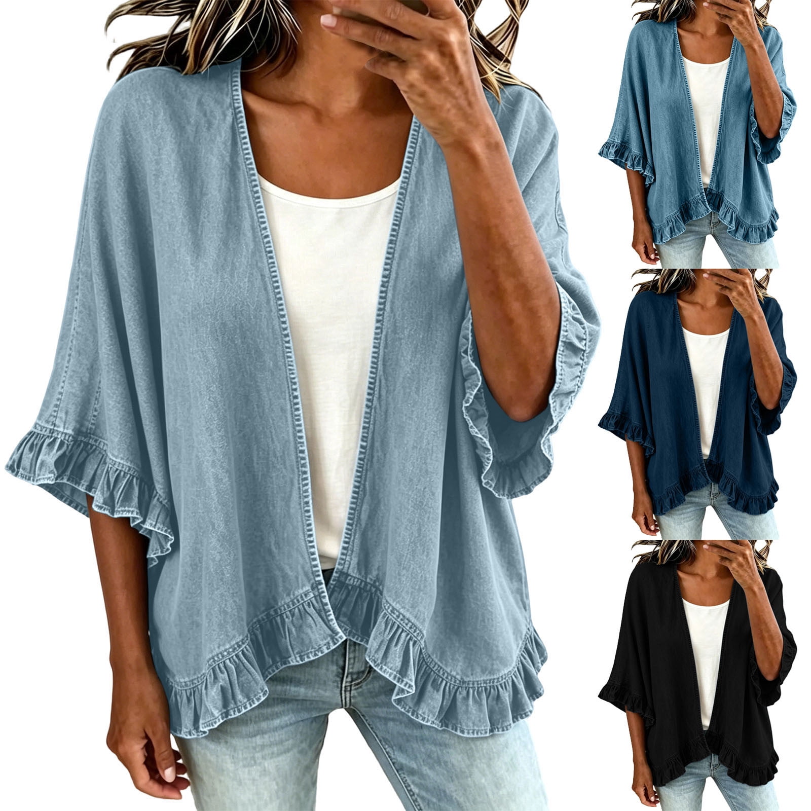 HVOBTTY Womens Fall Solid Open Front Denim Jacket Ruffle Sleeve Casual ...