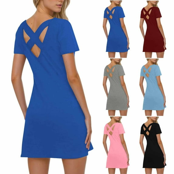 HVOBTTY Womens Fashion Lightweight A Line Dresses, Summer Dresses for Women, Womens Casual Solid Color Short Sleeve Back Cutout Knee Length Midi Dresses Wine, S