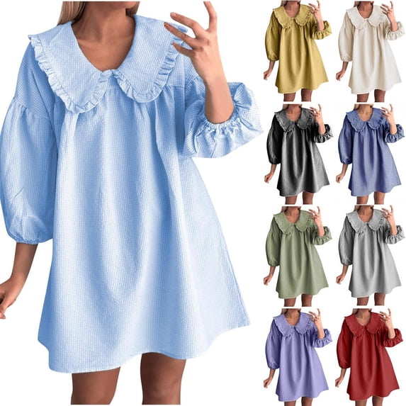 HVOBTTY Womens Fashion Sport Smock Dresses, Summer Dresses for Women, Womens Casual Solid Color 3/4 Puff Sleeve Collared Daily Weekend Mini Dresses Gray, L